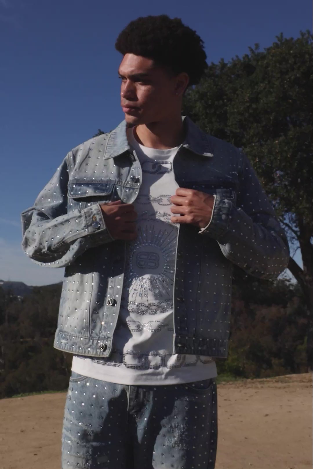 Barabas Men's Rhinestone Denim Casual Washed Jeans 5JES01 Light Blue