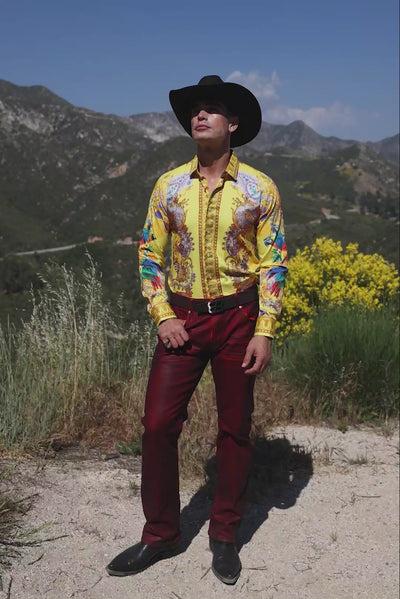 Barabas Men's Rhinestones Floral Parrot Baroque Shirt 6SPR05 Yellow