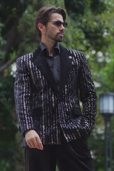 Barabas Men's Sequin Geometric Design Peak Lapel Blazer 5BL16 Black