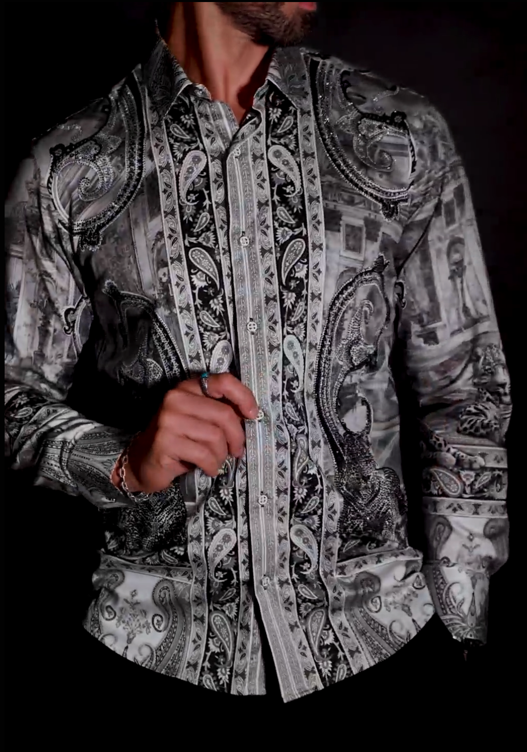 Barabas Men's Rhinestones Paisley Animal Long Sleeve Shirts 5SPR07 White