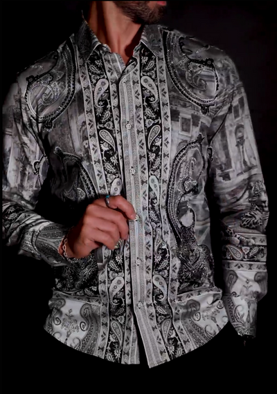 Barabas Men's Rhinestones Paisley Animal Long Sleeve Shirts 5SPR07 White