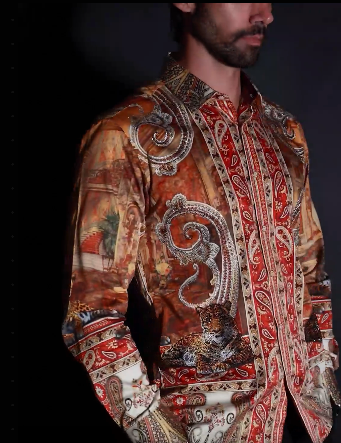 Barabas Men's Rhinestones Paisley Animal Long Sleeve Shirts 5SPR07 Taupe
