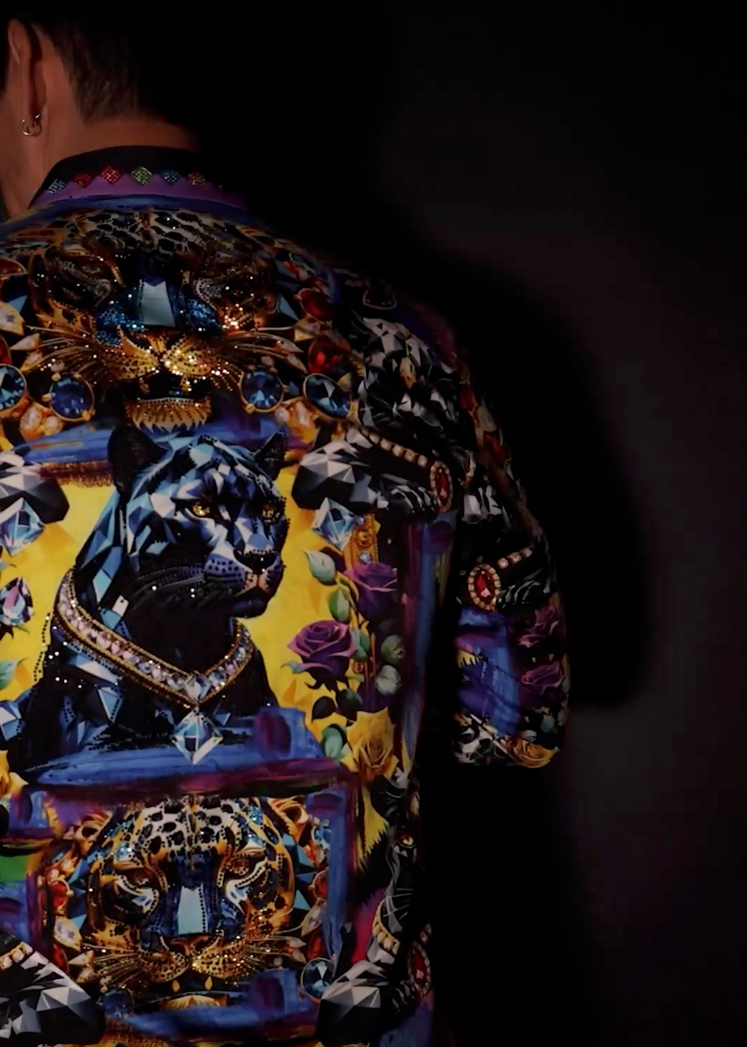 Barabas Men's Panther Tiger Rhinestones Long Sleeve Shirts 6SPR03 