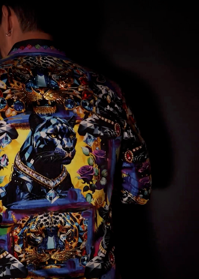 Barabas Men's Panther Tiger Rhinestones Long Sleeve Shirts 6SPR03 