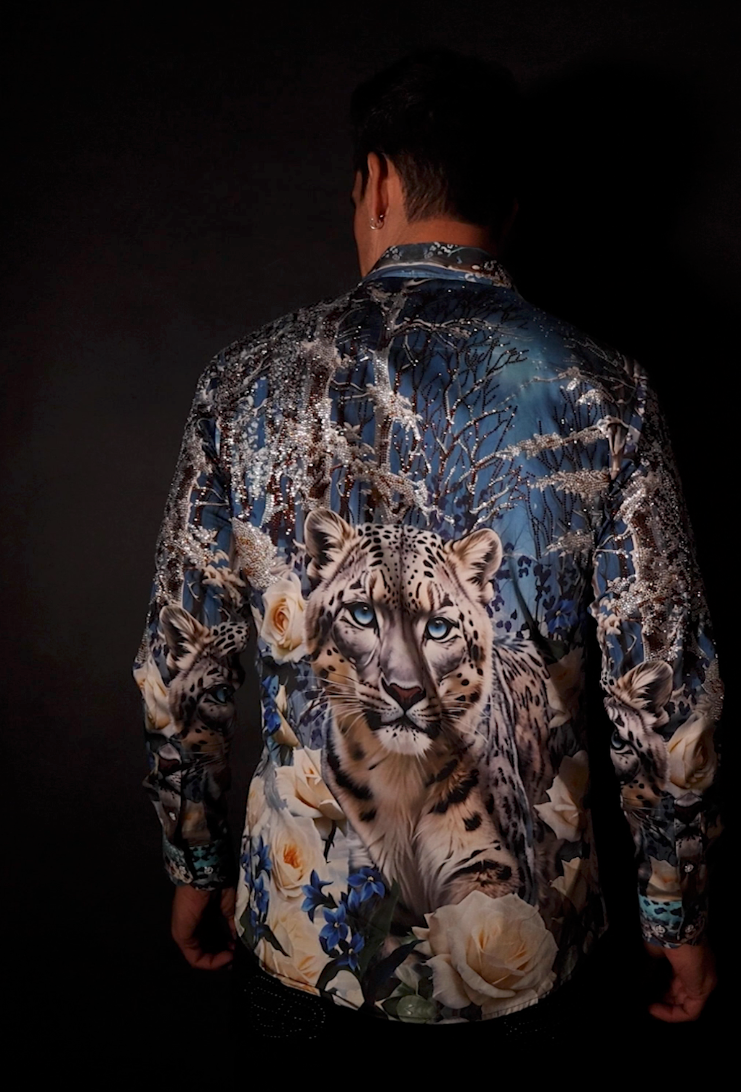 Barabas Men's Rhinestones Tiger Floral Long Sleeve Shirt 6SPR04 