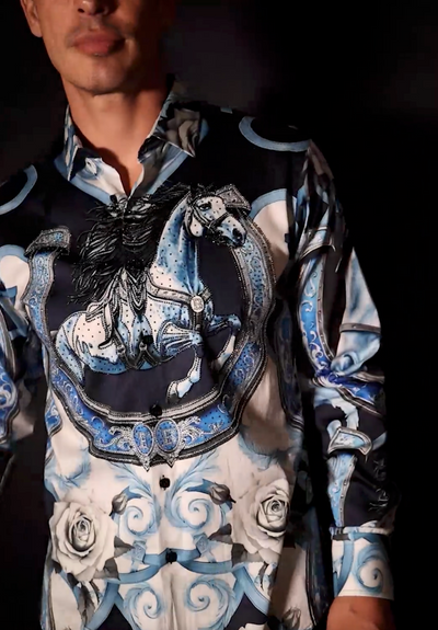 Barabas Men's Stallion Rhinestones Stretch Long Sleeve Shirts 5SPR05 Blue