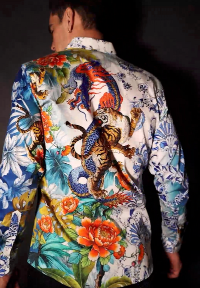 Barabas Men's Rhinestones Floral Dragon Tiger Long Sleeve Shirt 5SPR08