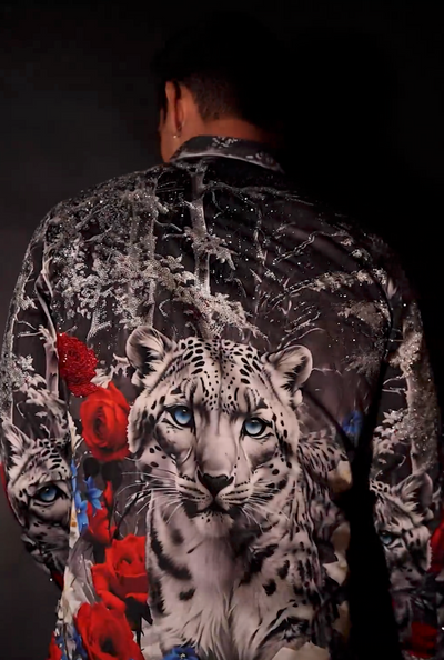 Barabas Men's Rhinestones Tiger Floral Long Sleeve Shirt 6SPR04 Red