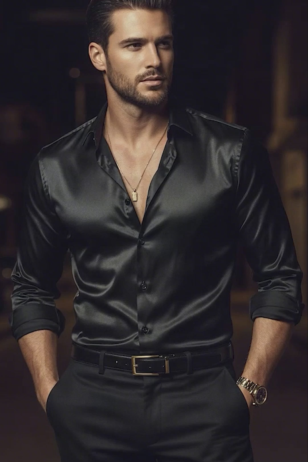 BARABAS Mens Luxury Metallic Long Sleeve Button Down Shiny shirts B312 Black