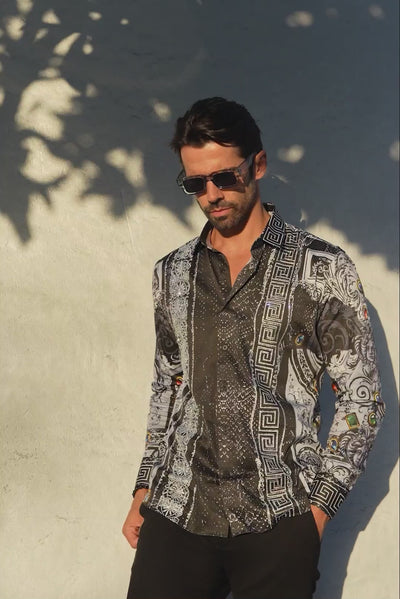 BARABAS Men's Black Snake Greek Pattern Rhinestone dress Shirts SPR962