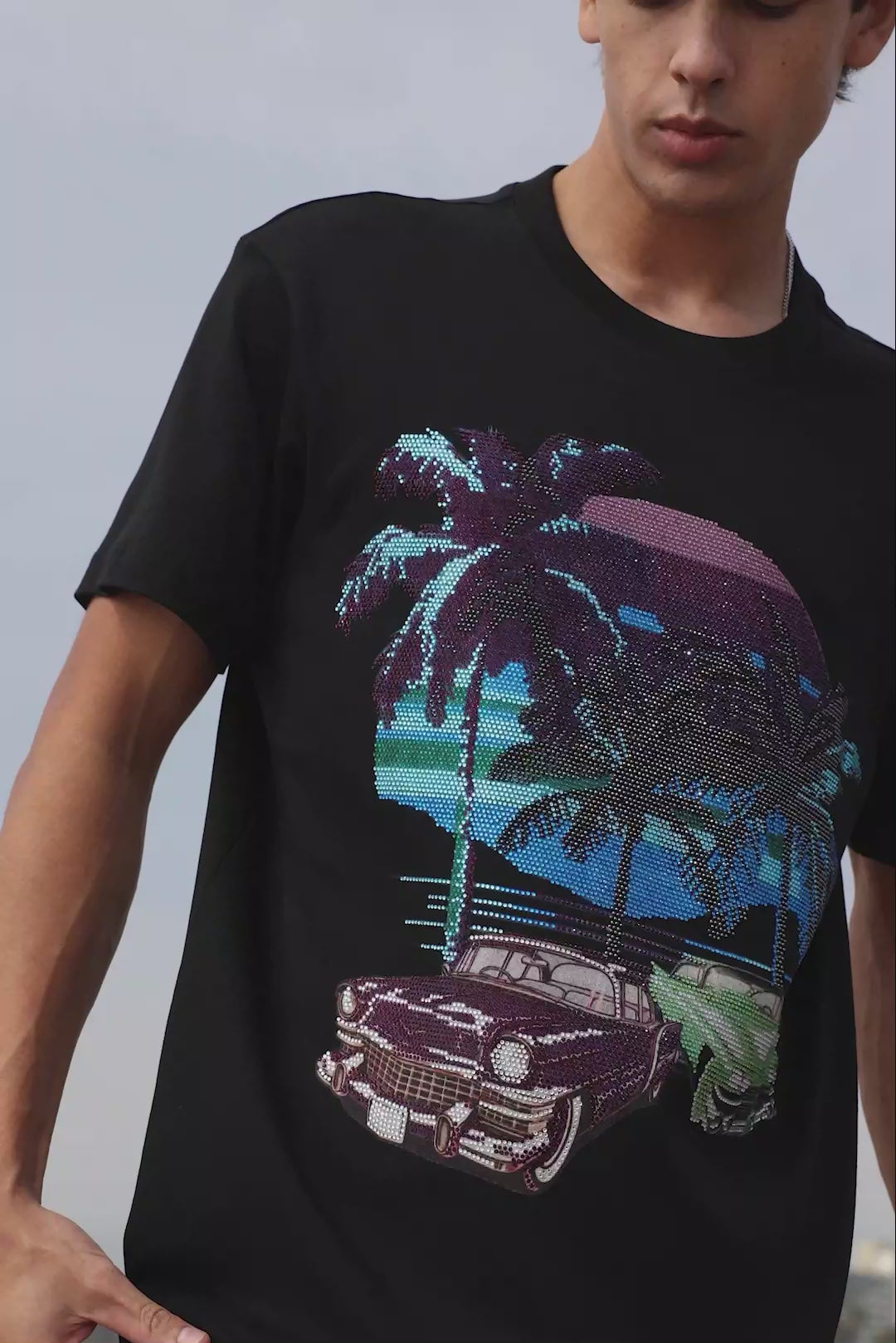 Barabas Men's Palm Beach Rhinestone Stretch Crew Neck T-Shirt 6TR07 Black