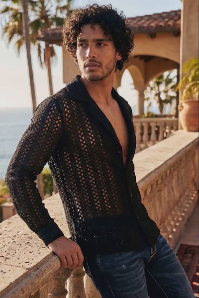 Barabas Men's See Through Knitted Breathable Long Sleeve Shirt 6KNB01 