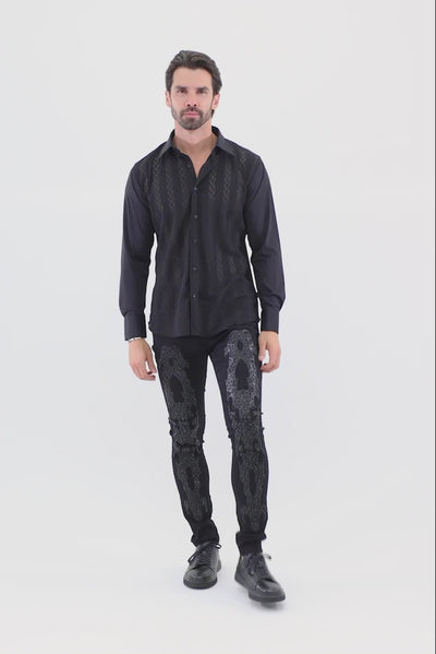 Barabas Men's Geometric Stretch See-through Long Sleeve Shirts 4B60 Black