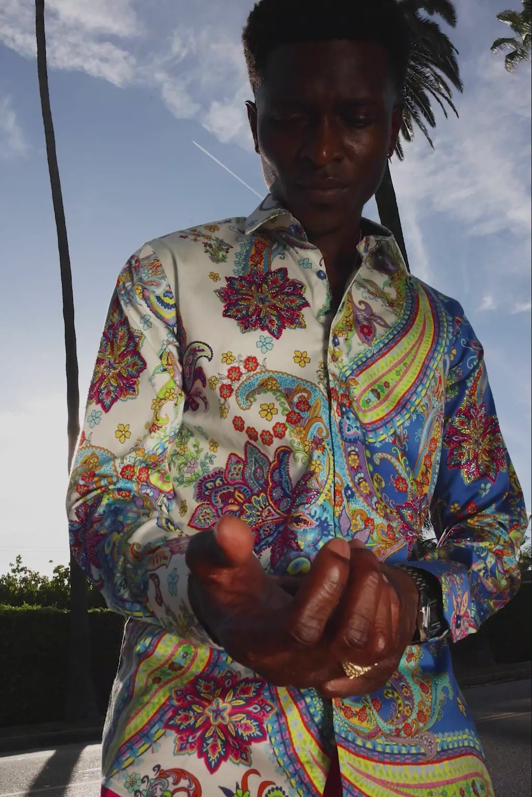 Men's Rhinestone Paisley Floral Print Shirt | BARABAS 6SPR07 #Color_Multi