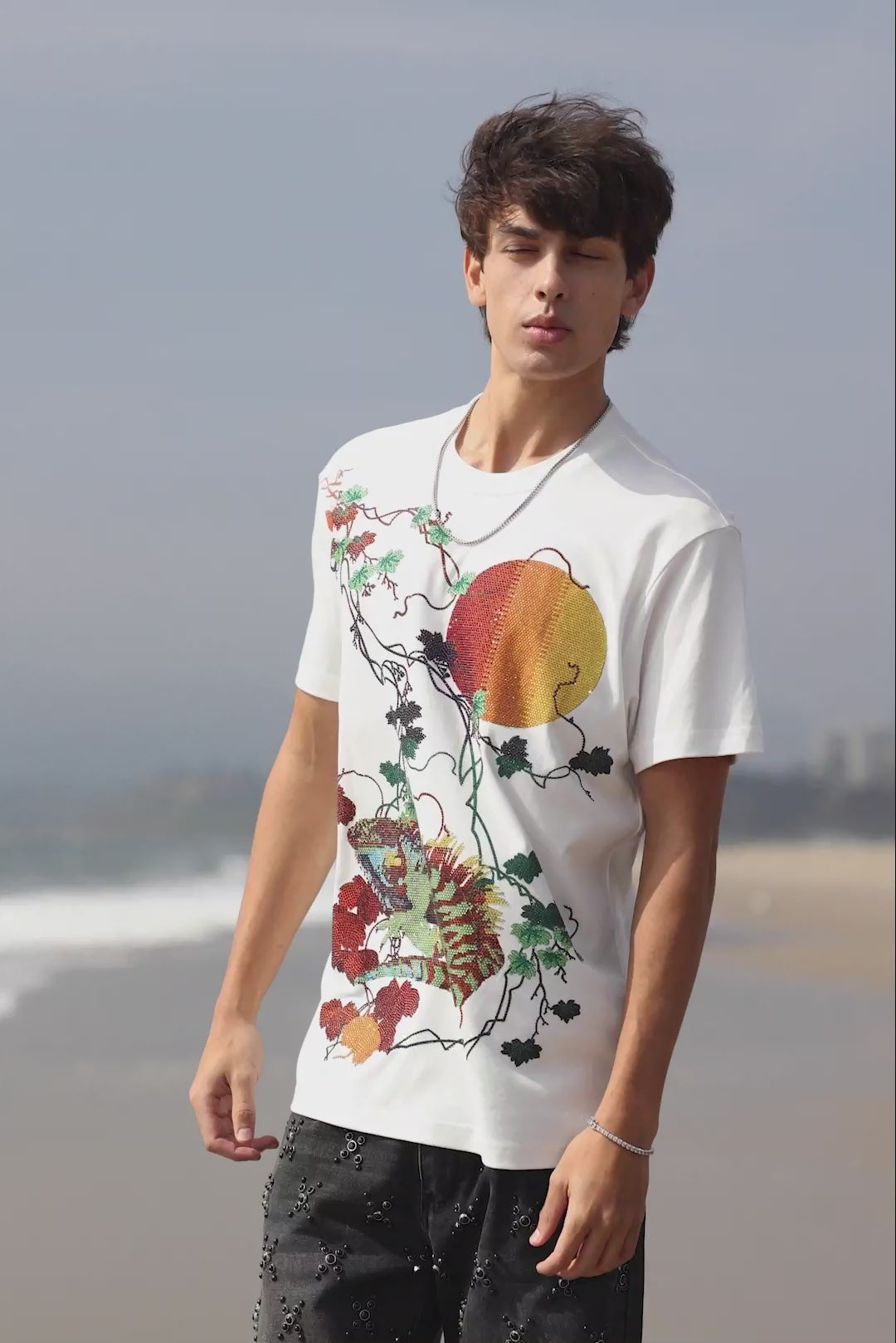 Barabas Men's Rhinestone Iguana Floral Crew-neck T-shirt 6TR03 White