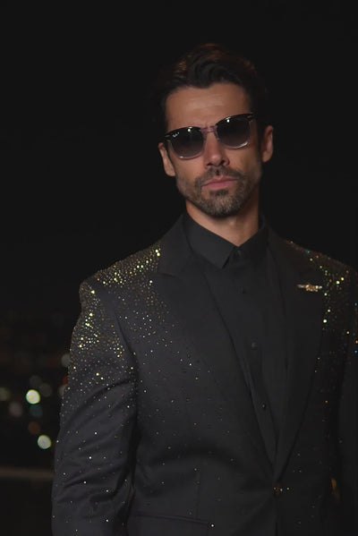 Barabas Men's Rhinestone Solid Color Notch Lapel Blazer 2BLR6 Black Gold