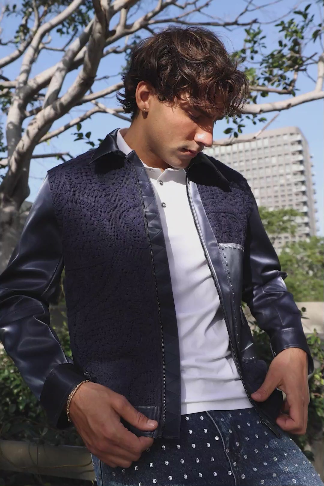 Barabas Men's Solid Color Embroidered Shiny Bomber Jacket 5C01 Navy