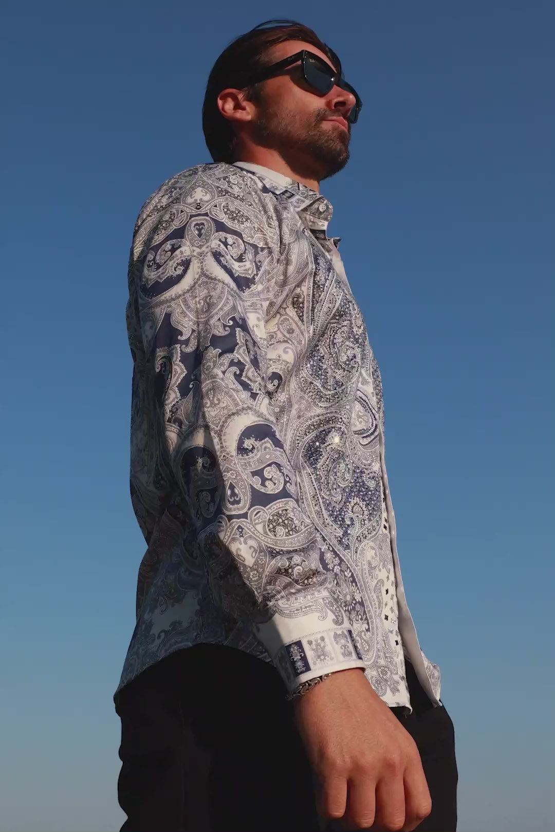 Barabas Men's Paisley rhinestone Printed Button Down Dress Shirt SPR10 Blue