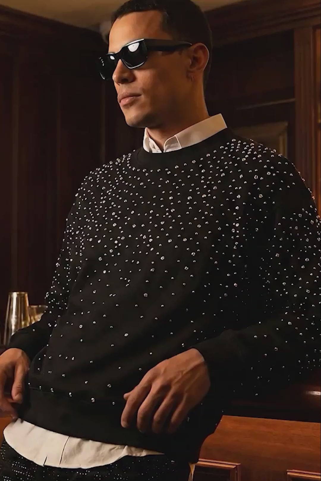 Barabas Men's Rhinestone Crew Neck Stretch Cardigan Sweater 5LSR01 Black Silver
