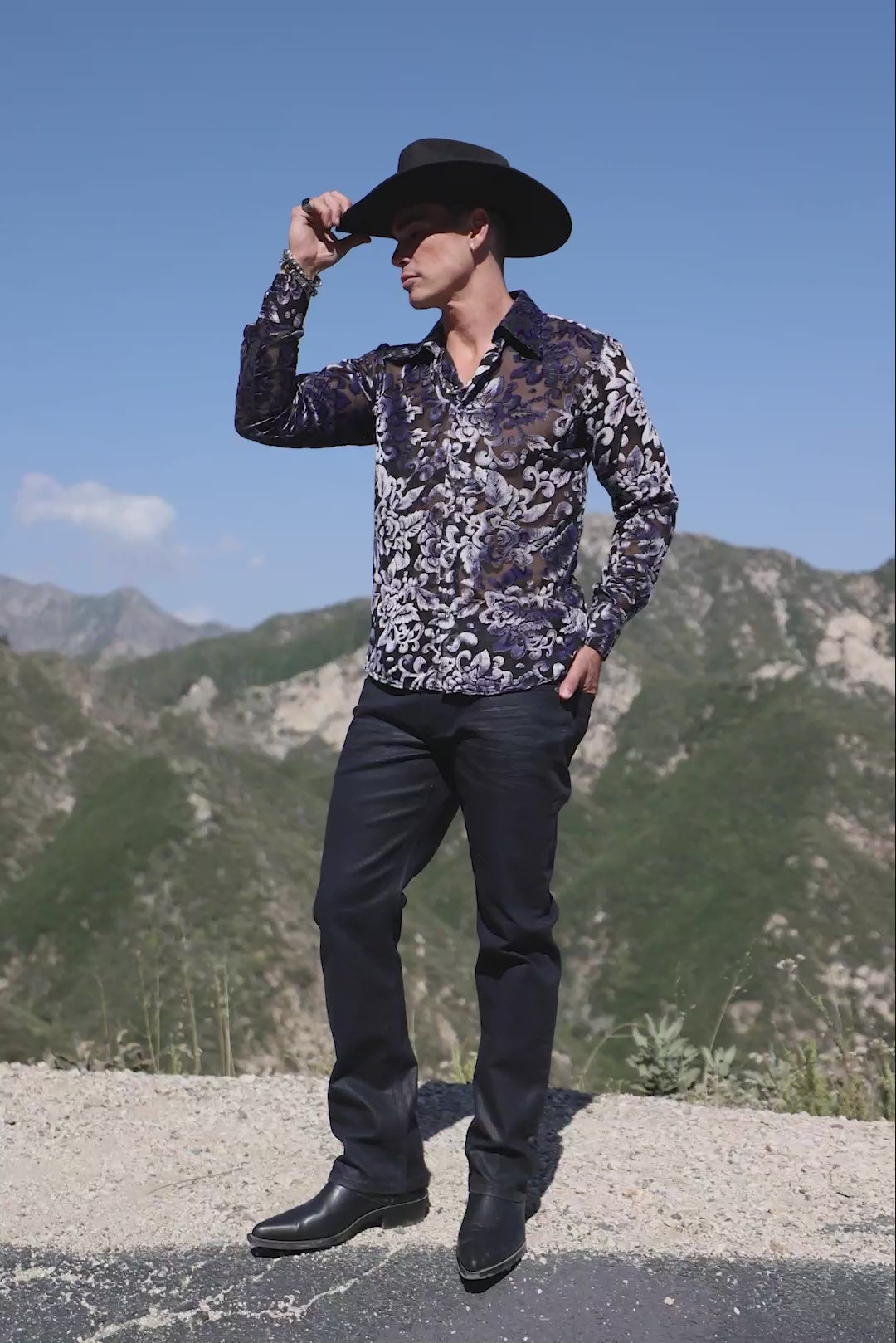 Barabas Men's See Through Floral Pattern Long Sleeve Shirts 6B05 Black