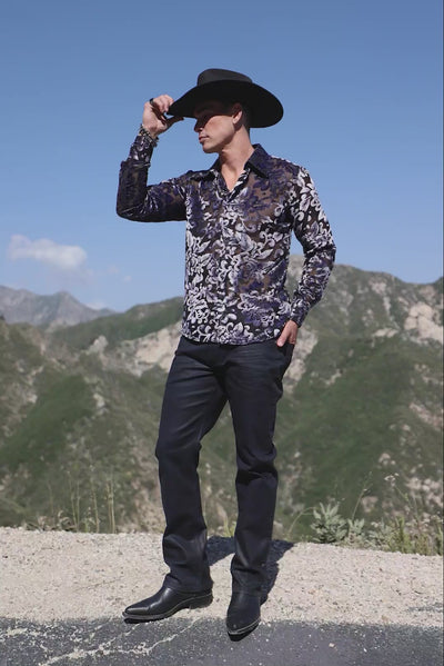 Barabas Men's See Through Floral Pattern Long Sleeve Shirts 6B05 Black