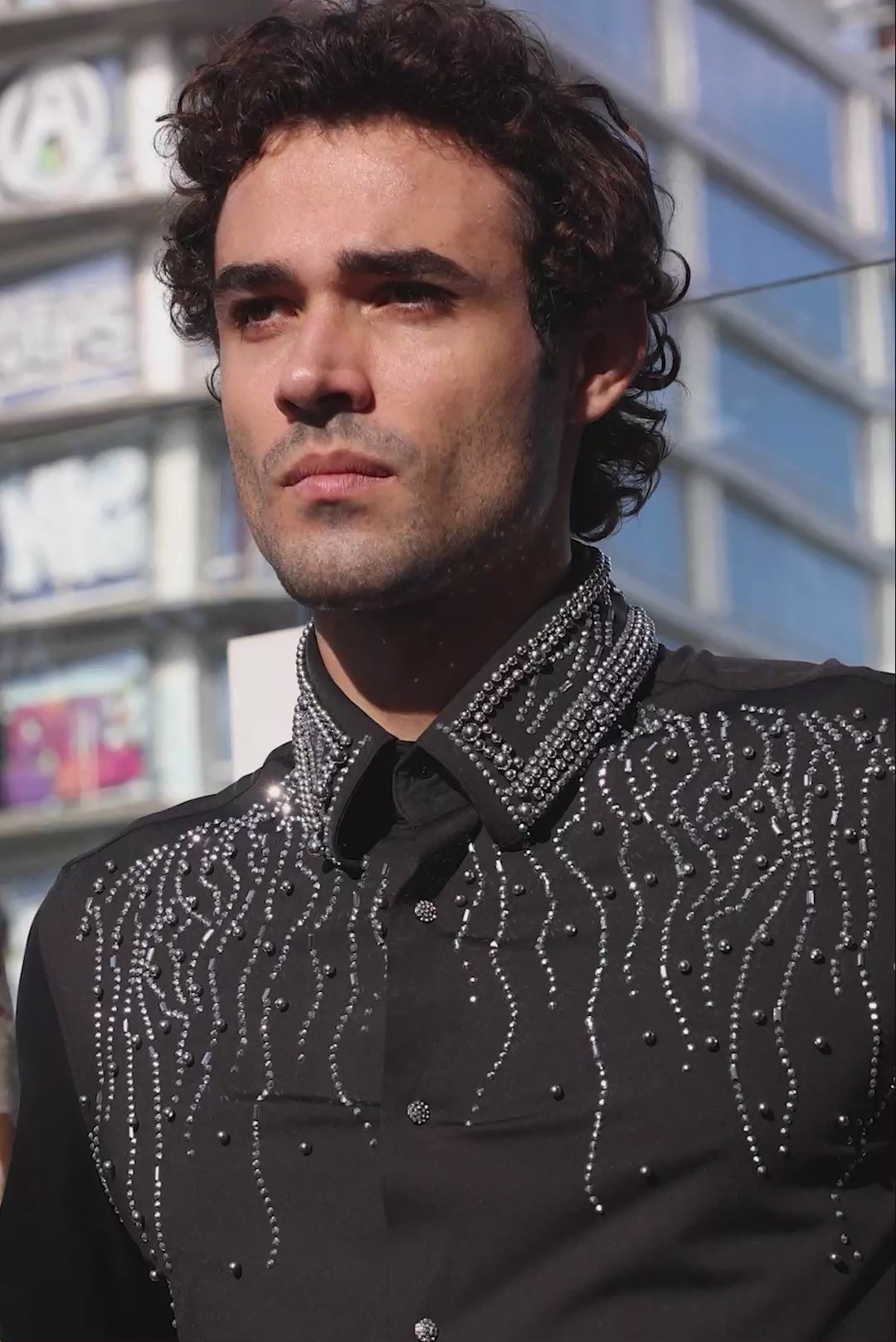 Barabas Men's Rhinestones Geometric Stretch Long Sleeve Shirts 5BR03 Black Silver