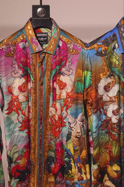 Men's Floral Sheep Parrot Rhinestone Long-Sleeve Shirt | BARABAS 6SPR10
