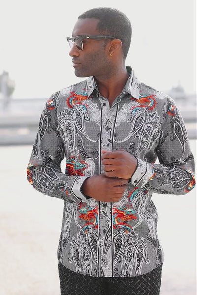 Barabas Men's Rhinestone Paisley Dragon Long Sleeve Shirts 4SPR02 Black