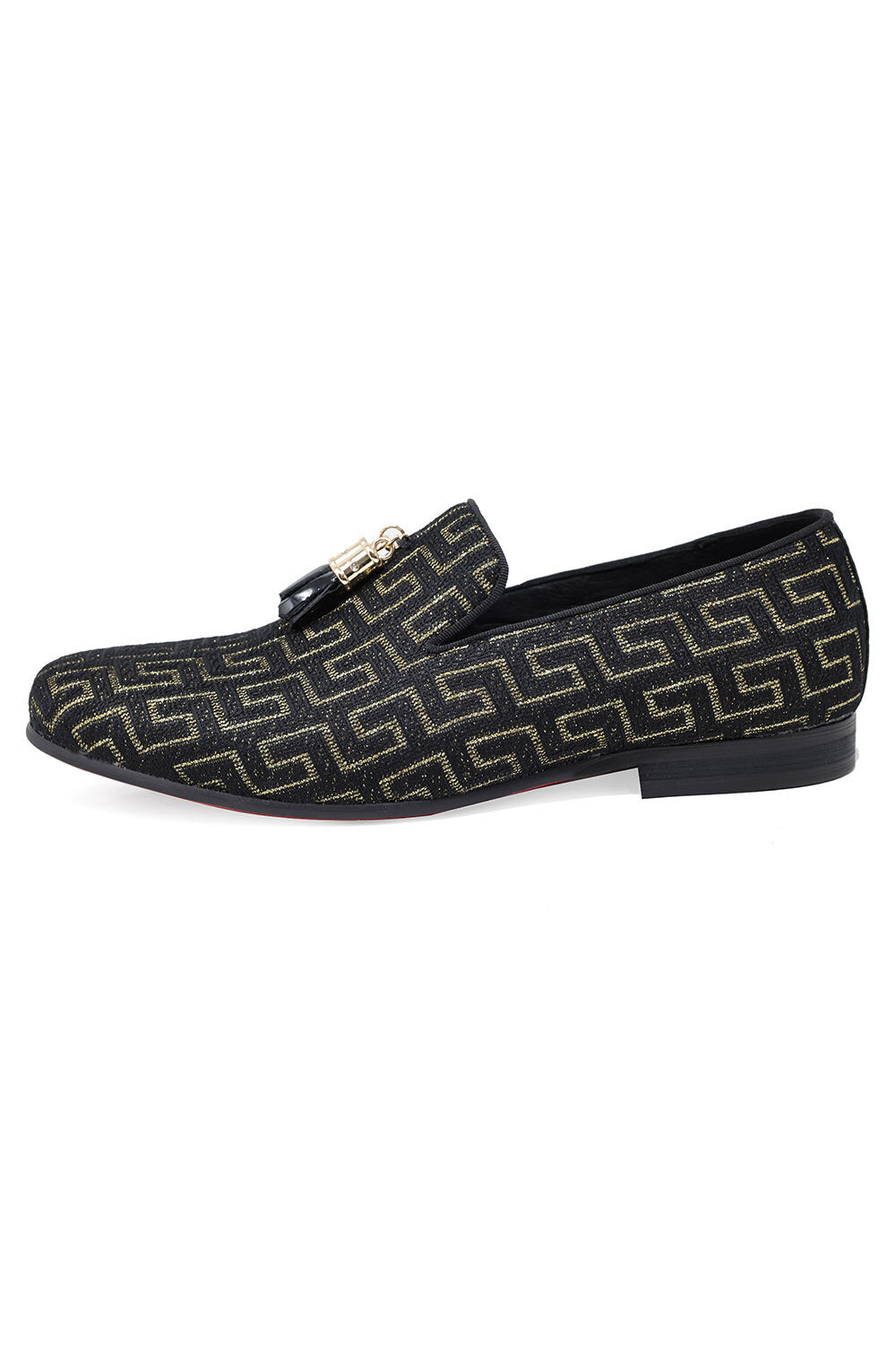 BARABAS Men's Rhinestone Greek key Pattern Tassel Loafer Shoes SH3087 Black Gold