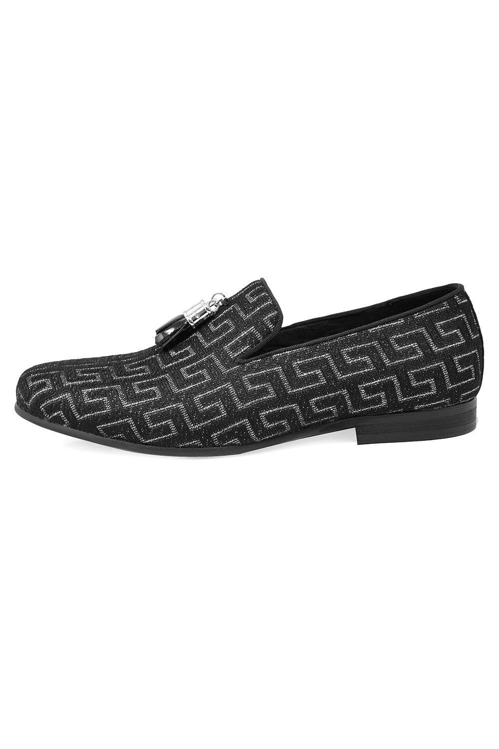 BARABAS Men's Rhinestone Greek key Pattern Tassel Loafer Shoes SH3087 Black Silver