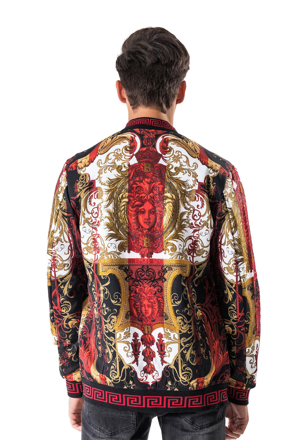 BARABAS Men's Rhinestone Medusa Greek Pattern Floral Jacket BP655 Red