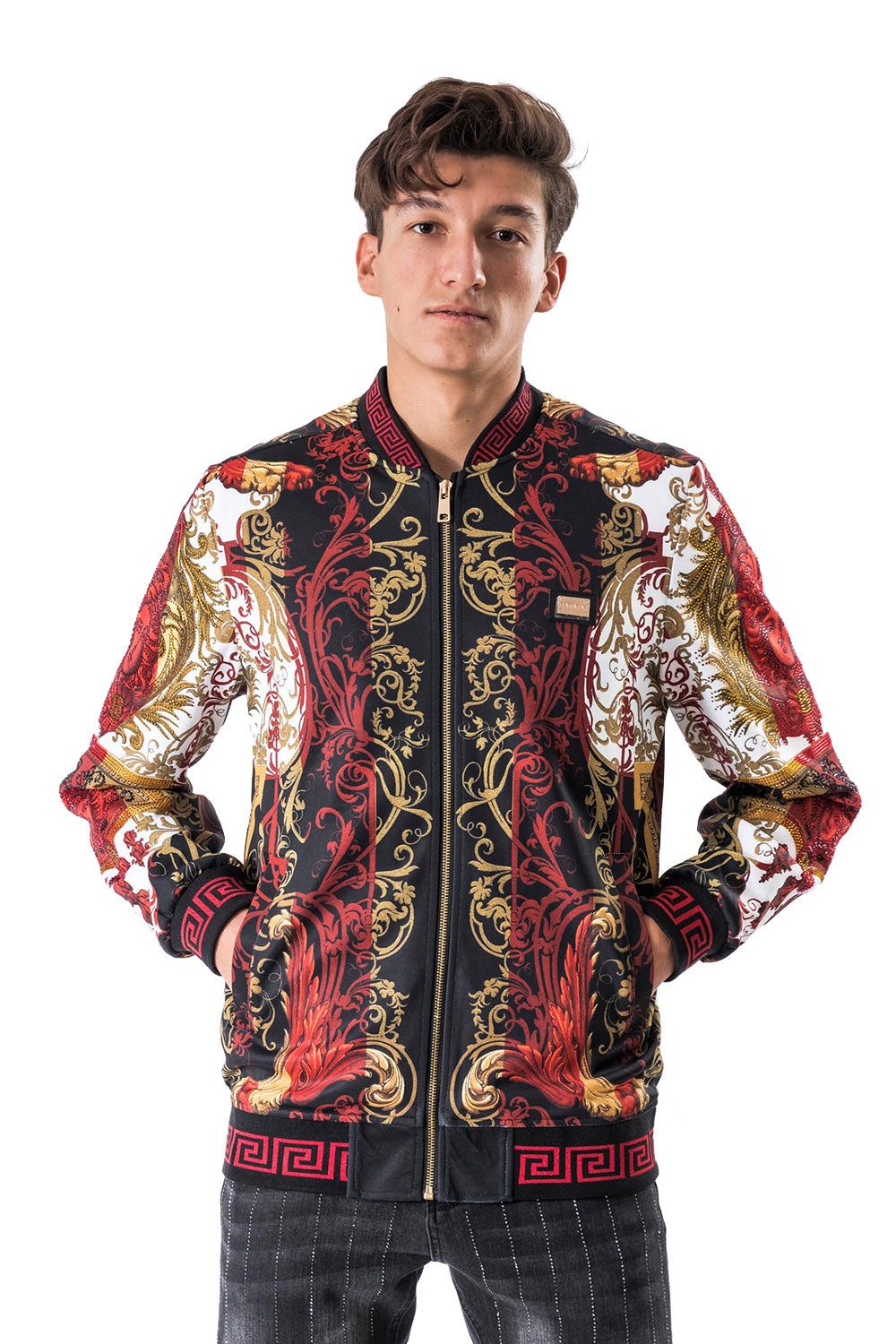 BARABAS Men's Rhinestone Medusa Greek Pattern Floral Jacket BP655 Red