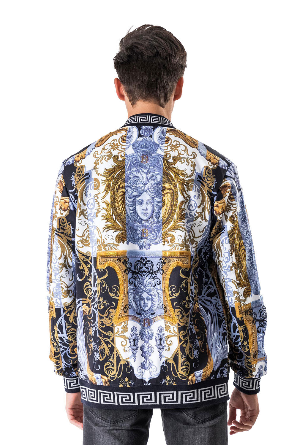 BARABAS Men's Rhinestone Medusa Greek Pattern Floral Jacket BP655 Royal Blue