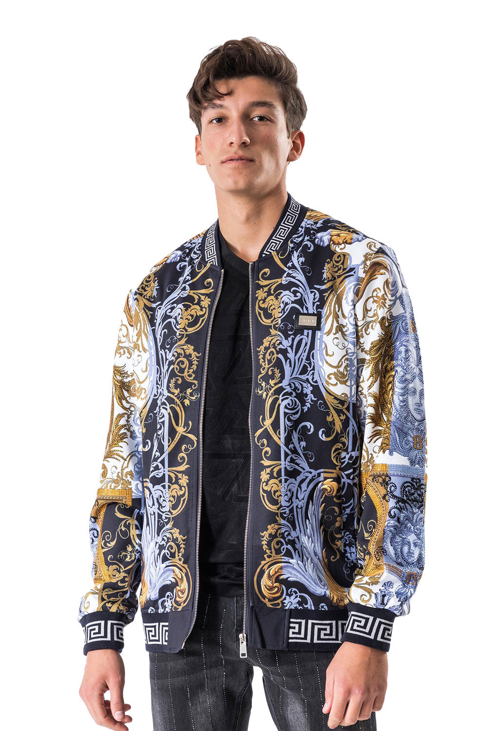 BARABAS Men's Rhinestone Medusa Greek Pattern Floral Jacket BP655 Royal