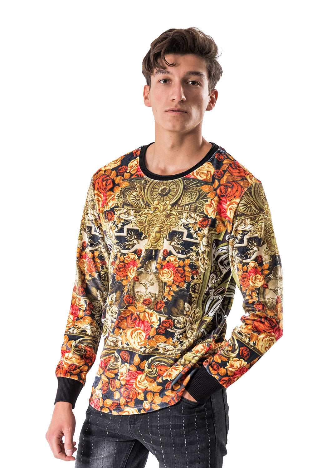 BARABAS Men's Floral Medusa Rose Crew Neck Sweatshirt LV105