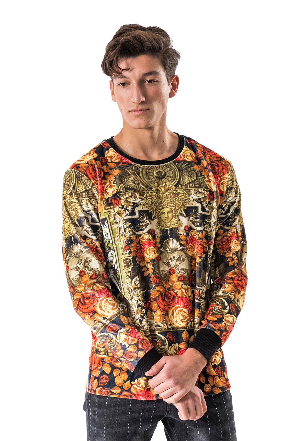 BARABAS Men's Floral Medusa Rose Crew Neck Sweatshirt LV105