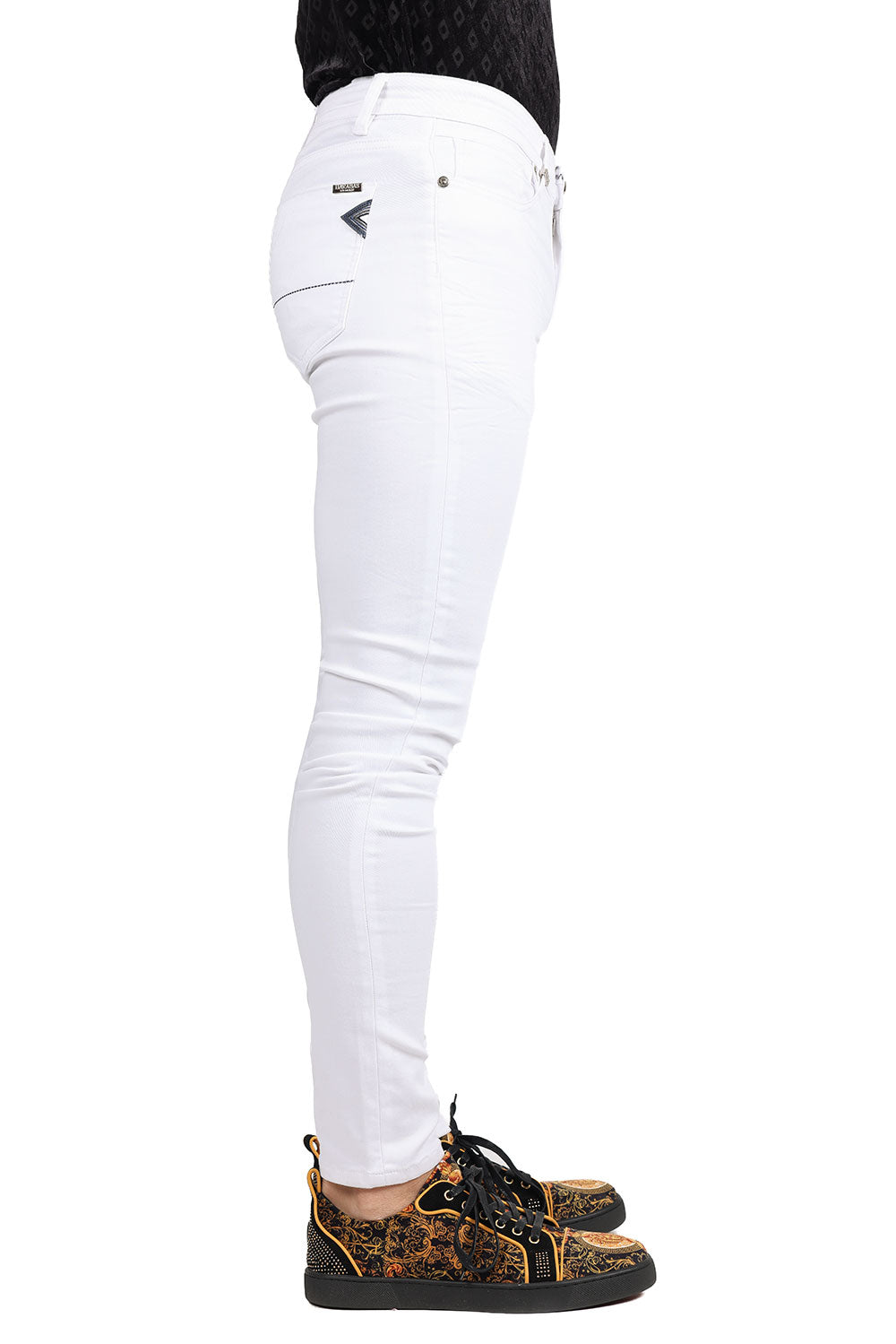 Barabas Men's Black White Navy 5 Pockets Solid Color Prints Jeans 1700 White
