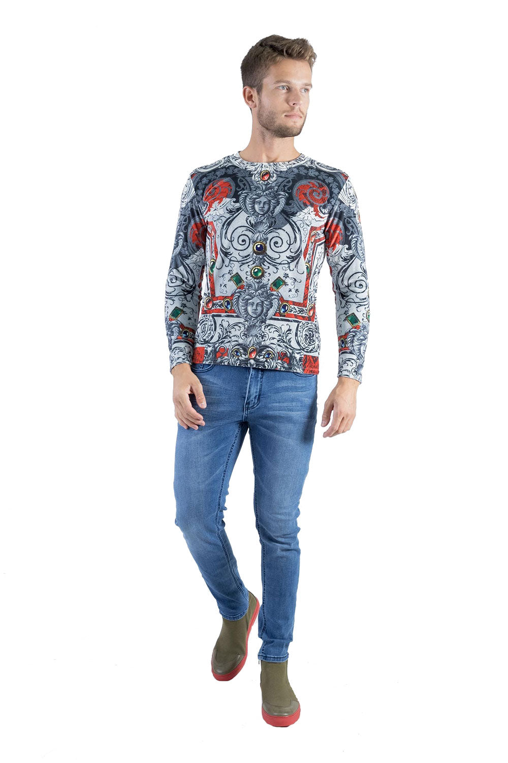 BARABAS Men's Floral Medusa Printed Crew Neck Sweatshirt LV126