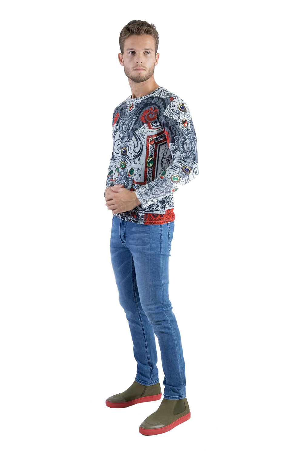 BARABAS Men's Floral Medusa Printed Crew Neck Sweatshirt LV126