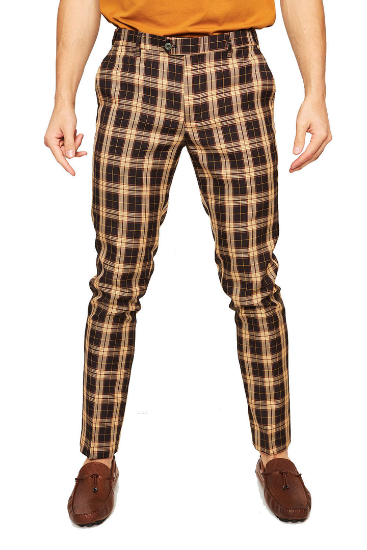 BARABAS men's checkered plaid yellow brown chino pants CP27