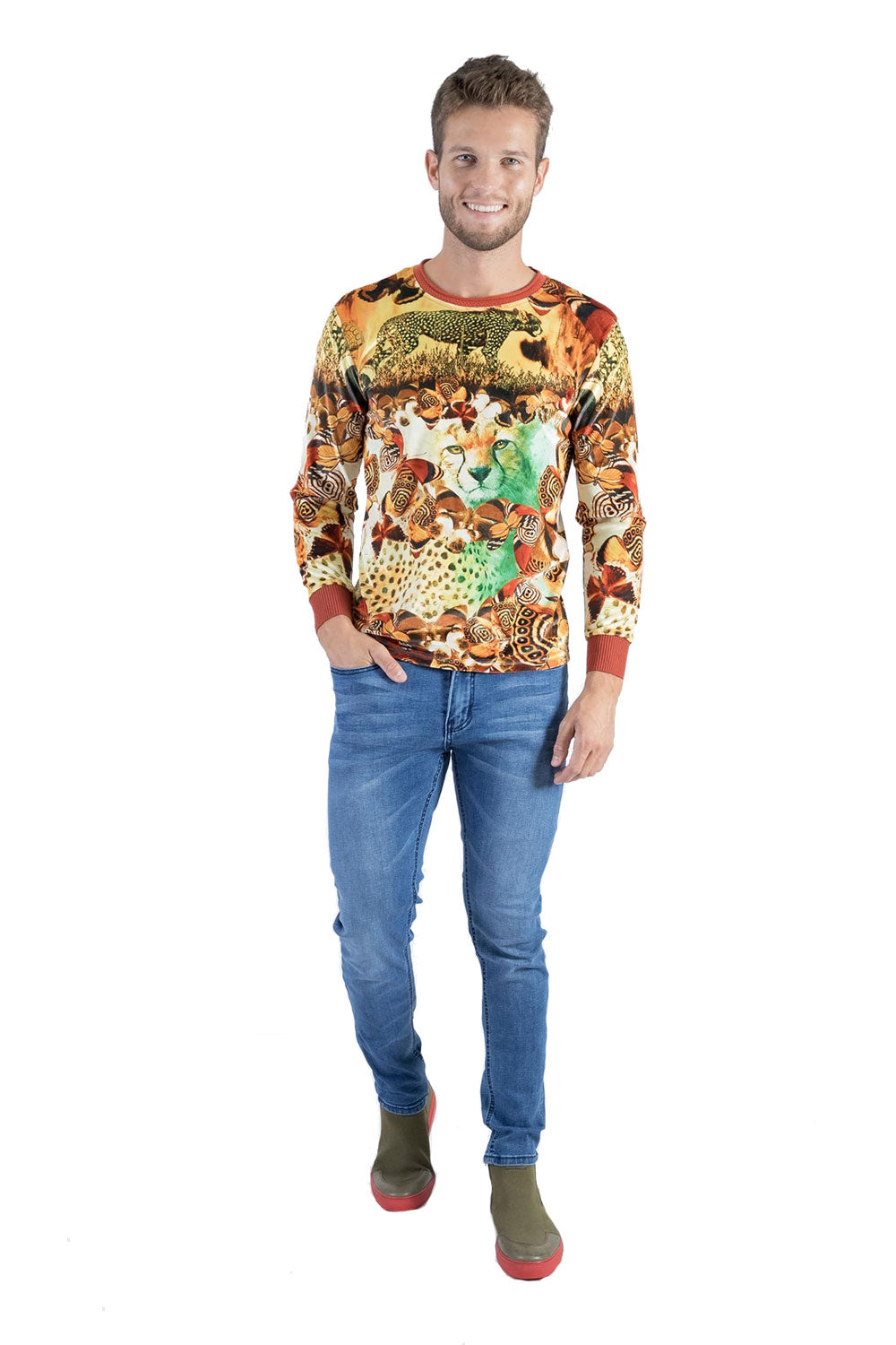 BARABAS Men's Floral Tiger Leopard Printed Crew-neck Sweater LV114