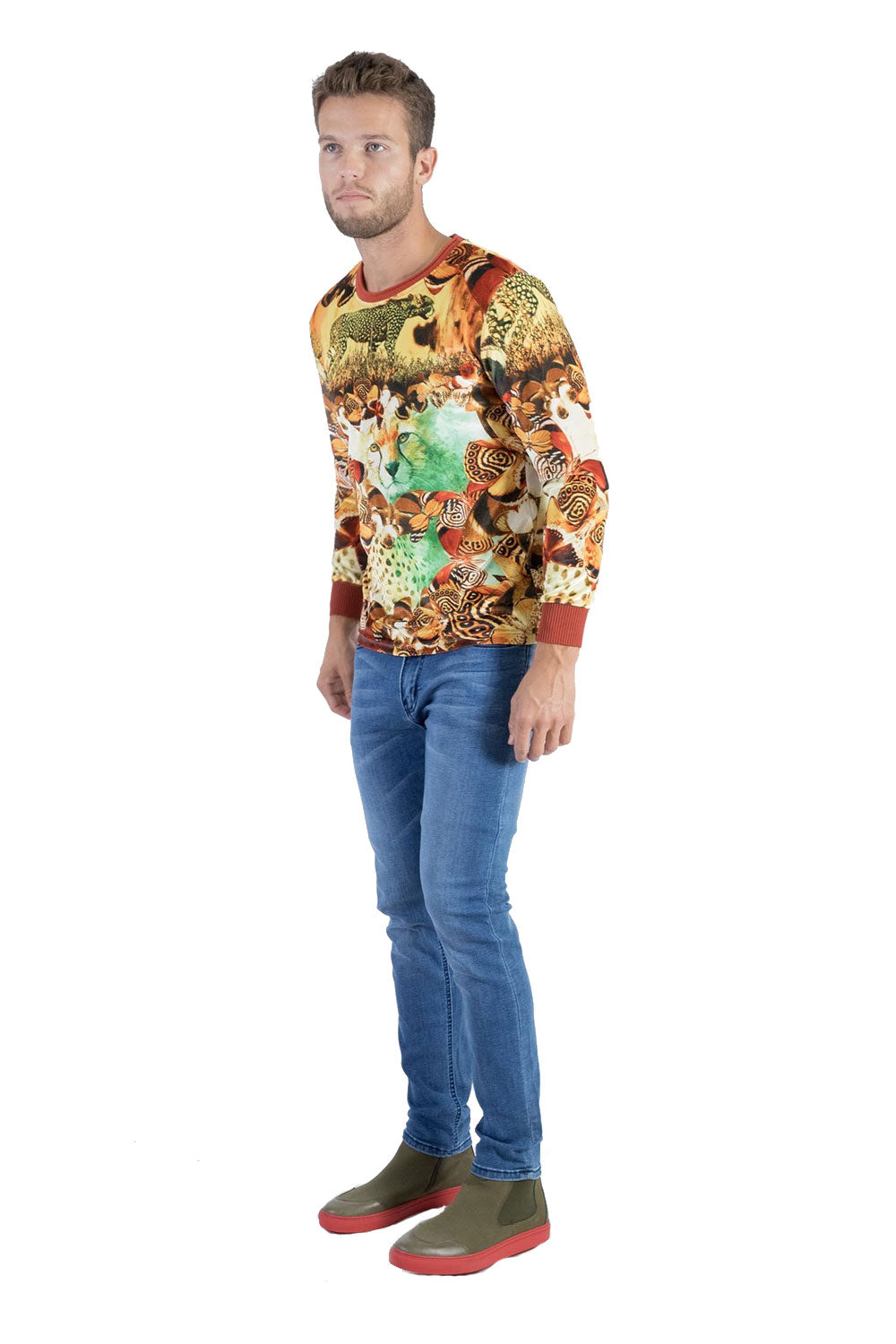 BARABAS Men's Floral Tiger Leopard Printed Crew-neck Sweater LV114