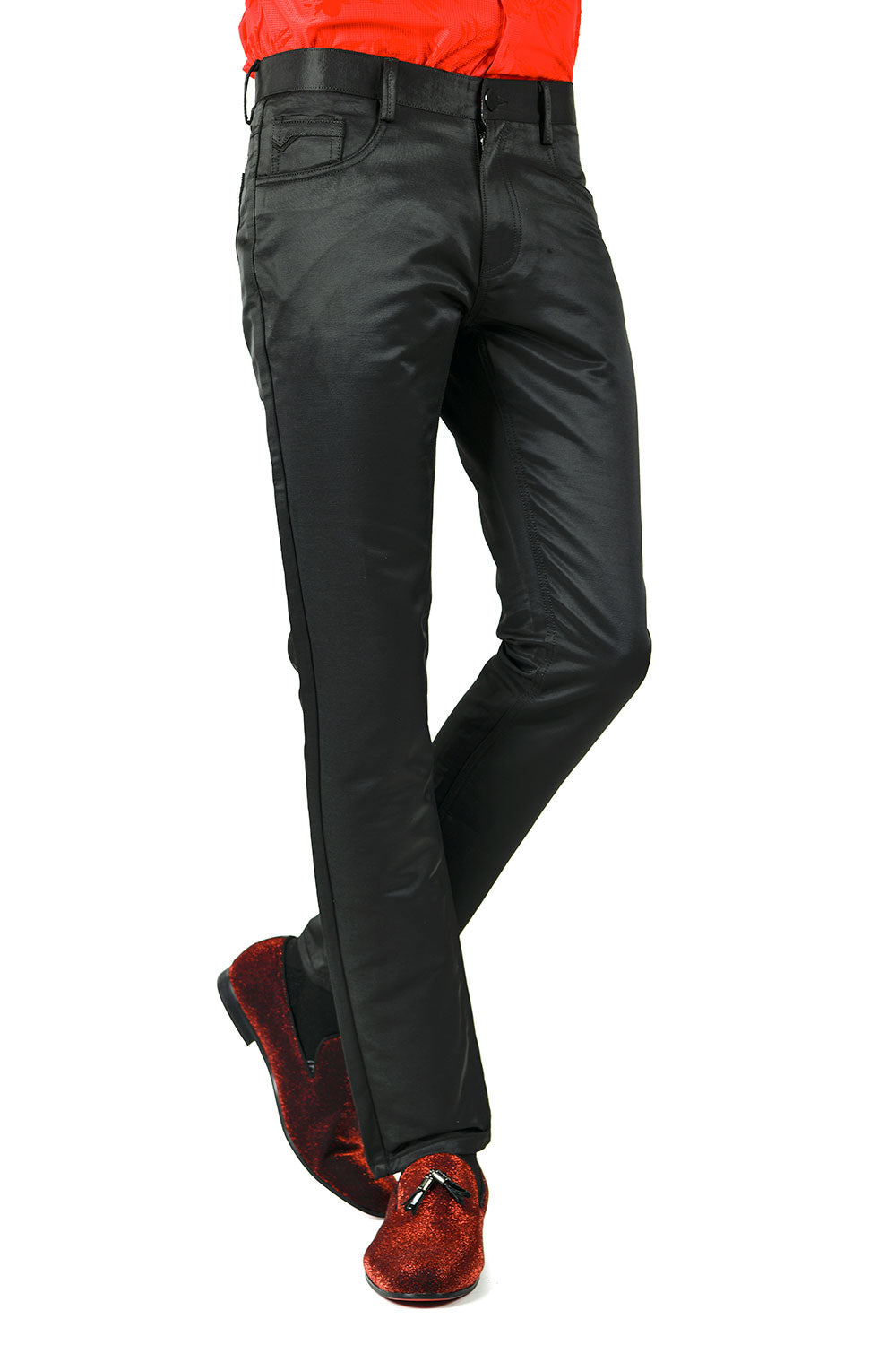 BARABAS Men's Shiny Solid Color Black Chino Pants 2605