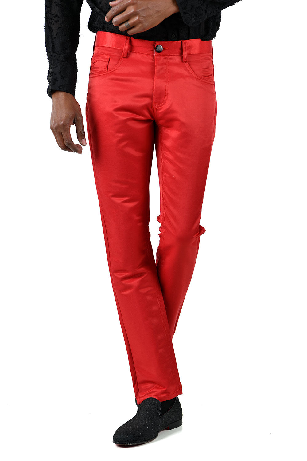 BARABAS Men's Shiny Solid Color Red Chino Pants 2605