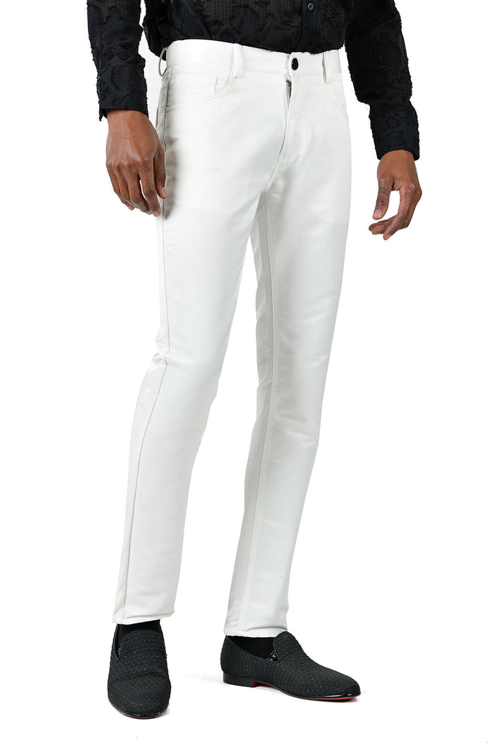 BARABAS Men's Shiny Solid Color White Chino Pants 2605
