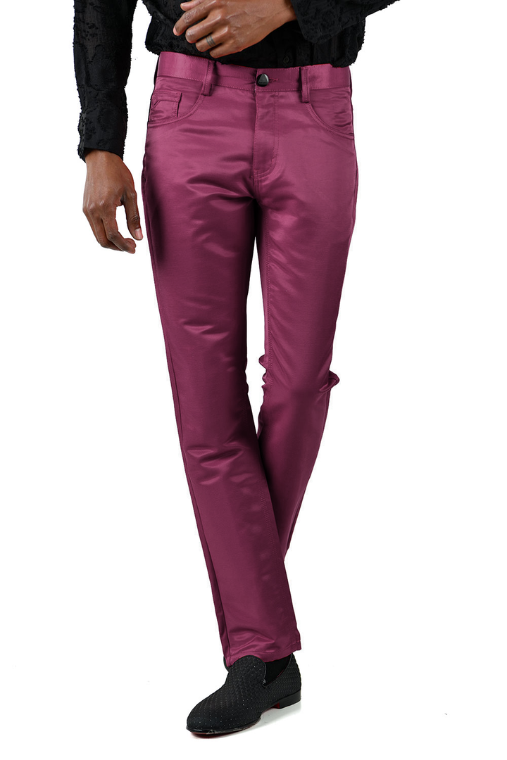 BARABAS Men's Shiny Solid Color Wine Chino Pants 2605