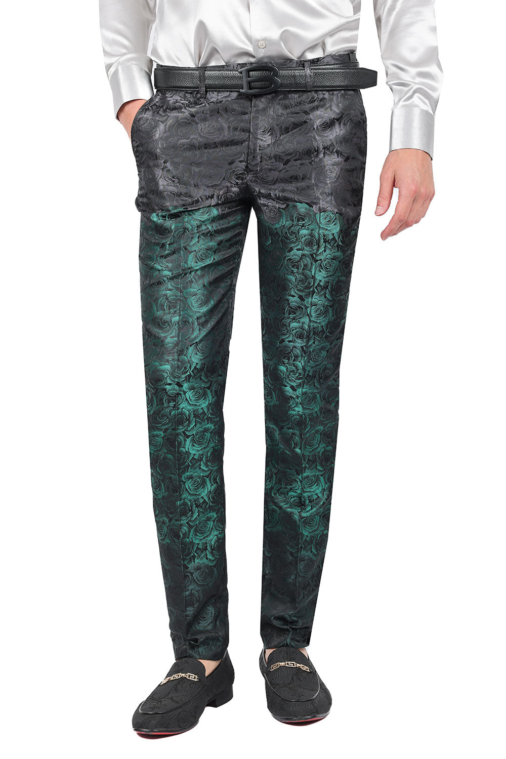 Barabas Men's Floral Rose Shiny Metallic Dress Pants 2CP03 Green