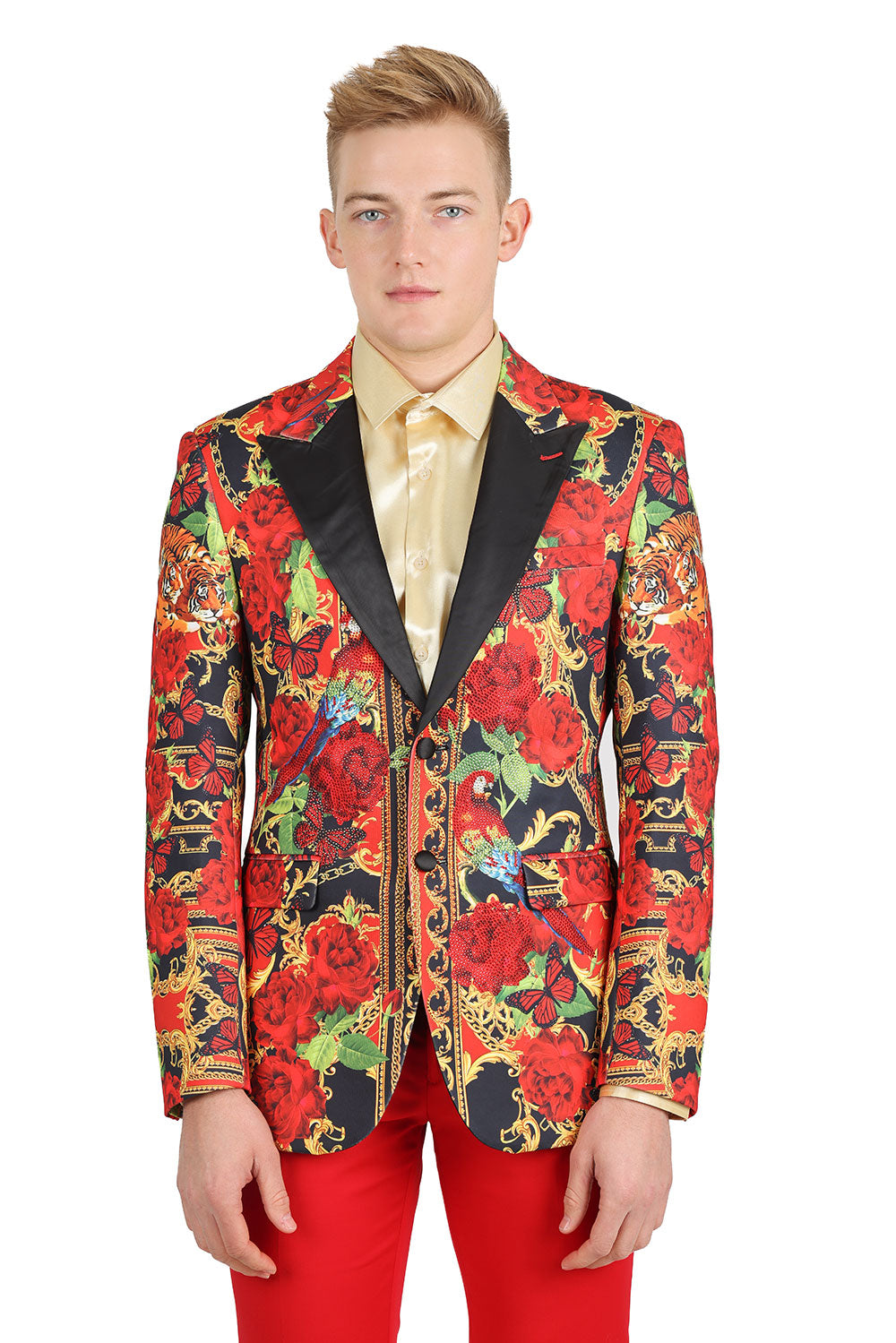 BARABAS Men's Rhinestone Floral Tiger Parrot Notch Lapel Blazer 2BL20