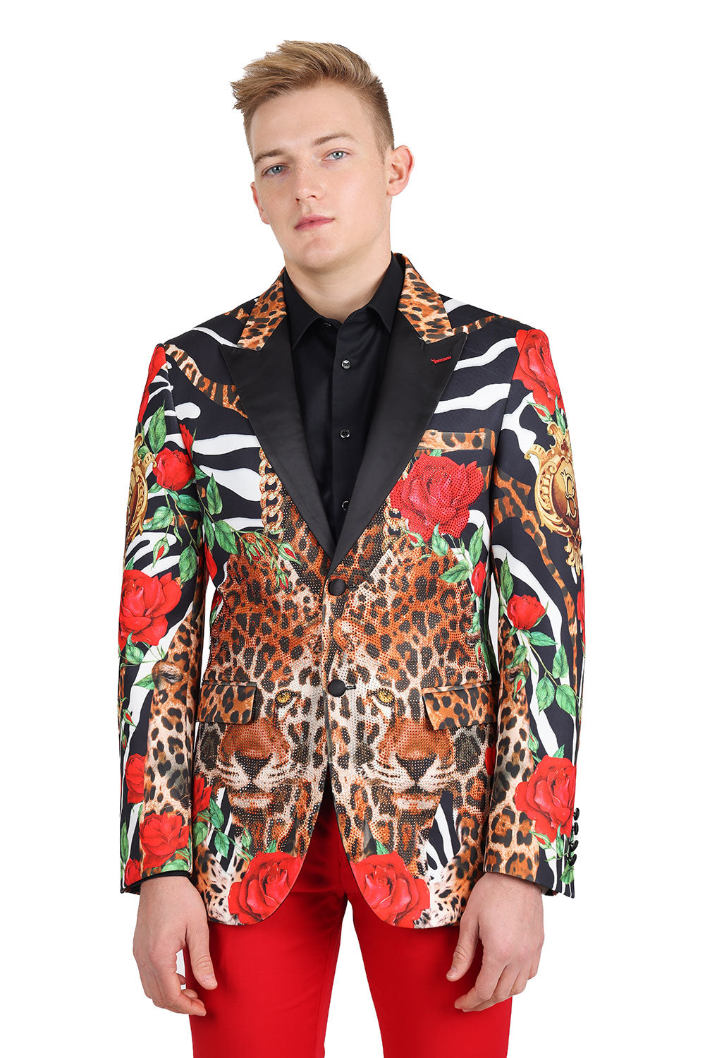 BARABAS Men's Rhinestone Leopard Floral Zebra Notch Lapel Blazer 2BL22 Red