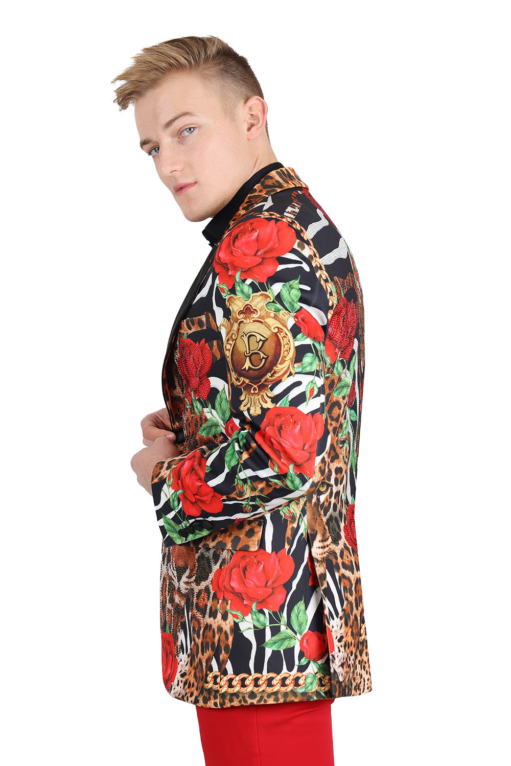 BARABAS Men's Rhinestone Leopard Floral Zebra Notch Lapel Blazer 2BL22 Red